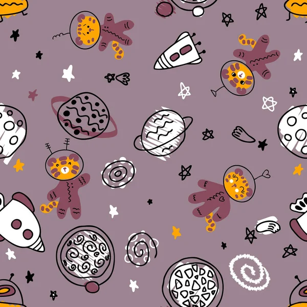 Hand drawn seamless pattern with astronauts tigers in space. Perfect for T-shirt, textile and print. Doodle vector illustration for decor and design.
