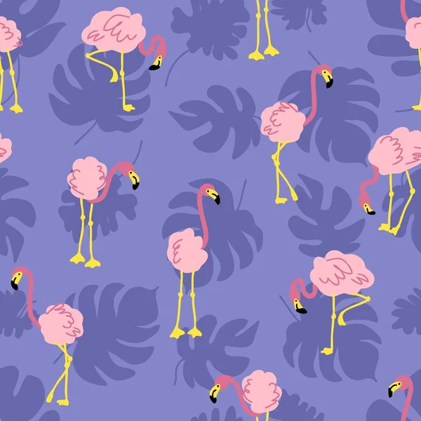 Padrão Sem Costura Verão Exótico Com Flamingo Folhas Monstera Perfeito — Vetor de Stock