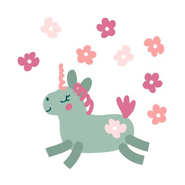 El çizimi vektör çizimi güzel tek boynuzlu at ve çiçekler. Çizgi film tarzı. Tişört, poster ve baskı için tasarım.