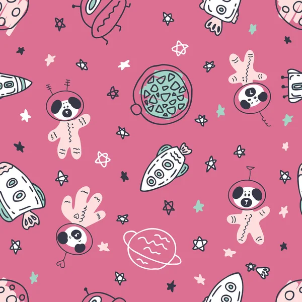 Astronauts pug dogs in space hand drawn seamless pattern. Perfect for T-shirt, textile and print. Doodle vector illustration for decor and design.