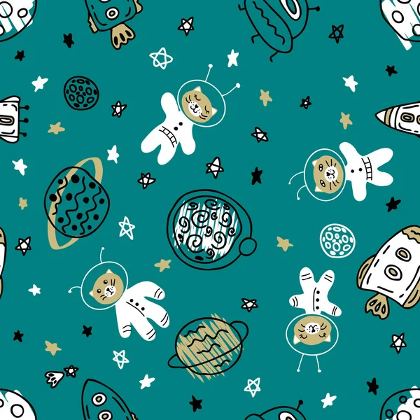 Doodle Patrón Sin Costuras Con Gatos Astronautas Explorar Universo Perfecto — Vector de stock