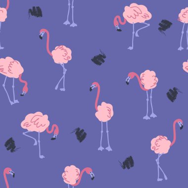 Flamingo ve fırça darbeleriyle el çizimi, pürüzsüz desen. Tişört, tekstil ve parmak izi için mükemmel. Dekor ve tasarım için Doodle vektör çizimi.