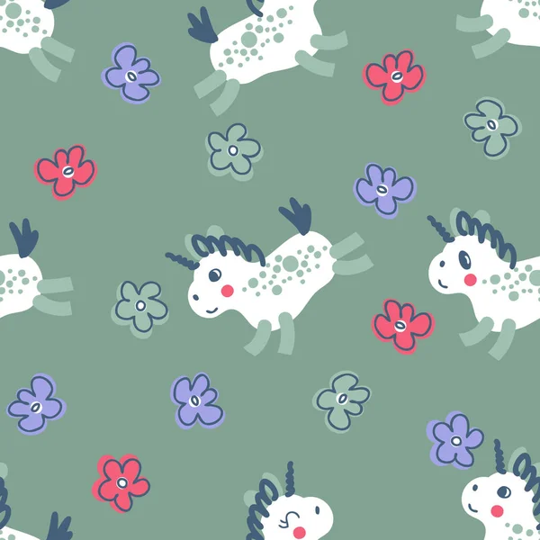 Hand Drawn Seamless Pattern White Unicorns Flowers Perfect Shirt Textile — Stock Vector