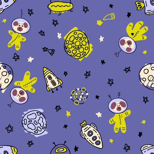 Hand drawn seamless pattern with astronauts pug dogs in space. Perfect for T-shirt, textile and print. Doodle vector illustration for decor and design.