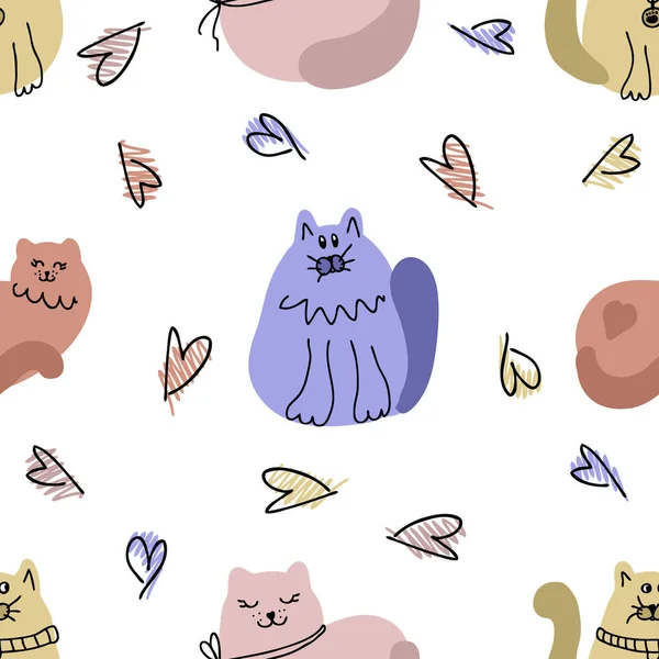 Romanttinen Ystävänpäivä Saumaton Kuvio Rasvaa Hauskoja Kissoja Sydämiä Täydellinen Paita — vektorikuva