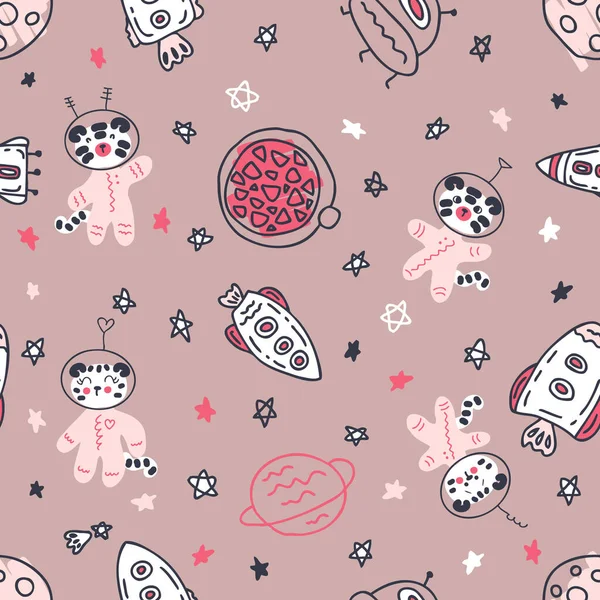 Astronauts white tigers in space hand drawn seamless pattern. Perfect for T-shirt, textile and print. Doodle vector illustration for decor and design.