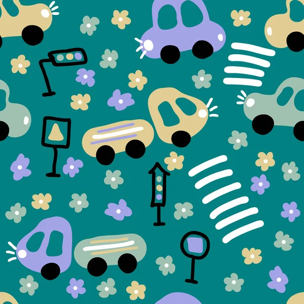 Hand drawn seamless pattern with cars, trucks and flowers. Perfect for T-shirt, textile and prints. Doodle vector illustration for decor and design.