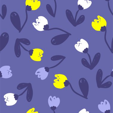 Renkli lale çiçekleriyle el çizimi koyu ve pürüzsüz desen. Tişört, tekstil ve parmak izi için mükemmel. Dekor ve tasarım için Doodle vektör çizimi.