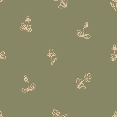 Papatya ve psyllium çiçekleriyle tek çizgi çizilmiş. Tişört, kartpostal, parti davetiyesi ve parmak izi için mükemmel. Dekor ve tasarım için Doodle vektör çizimi.