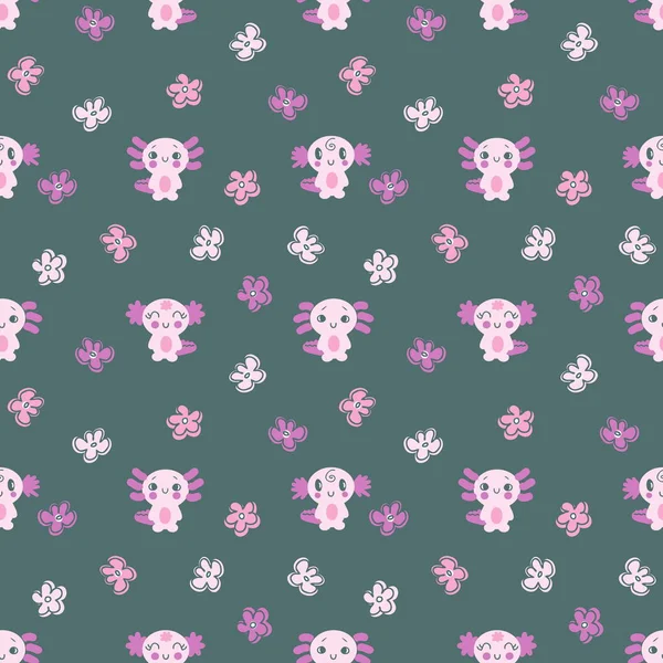 Hand Drawn Seamless Pattern Axolotls Flowers Perfect Shirt Textile Print — Stock Photo, Image