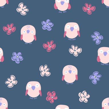 Baykuşlar ve çiçeklerle el çizimi, kusursuz bir yaz deseni. Tişört, tekstil ve parmak izleri için mükemmel. Dekor ve tasarım için çizgi film biçimi vektör çizimi.