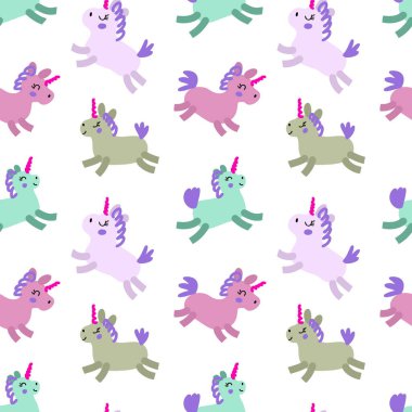 Renkli tek boynuzlu atlarla el çizimi, pürüzsüz desen. Tişört, tekstil ve parmak izi için mükemmel. Dekor ve tasarım için karalama çizimi.