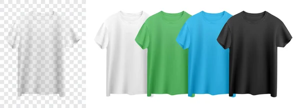 Camisetas Brancas Verdes Azuis Pretas Isoladas Vetor Frontal Fundo Branco — Vetor de Stock