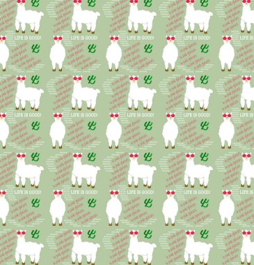   Yeşil zemin üzerinde lama ve kaktüs olan kusursuz bir desen. 