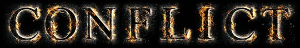 Fiery Inscription Conflict Dusted Ashes Black Background — Stock Photo, Image