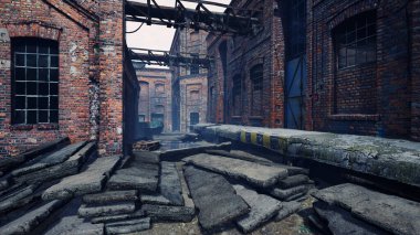 Gün içinde terk edilmiş fabrika. Terk edilmiş beton levhalar yığını.