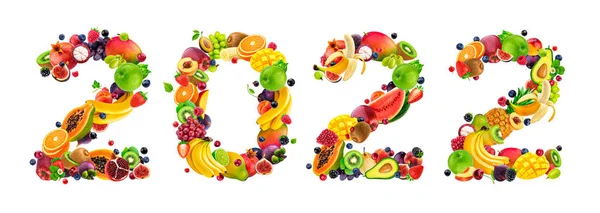 Feliz Ano Novo 2022 número feito de frutas e bagas — Fotografia de Stock