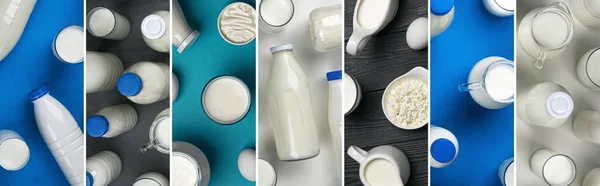 Kolaż przetworów mlecznych, mleka, śmietany i sera wiejskiego — Zdjęcie stockowe