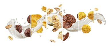 Kahvaltılık gevrek kolajı, tahıl gevreği ve sütlü mısır gevreği.