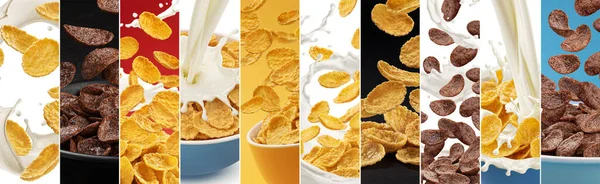 Collage de cereales para el desayuno, copos de maíz con leche para verter —  Fotos de Stock