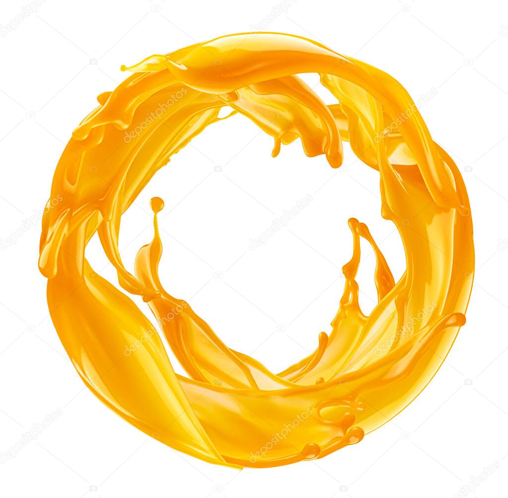 Orange juice spiral splash isolated on white background