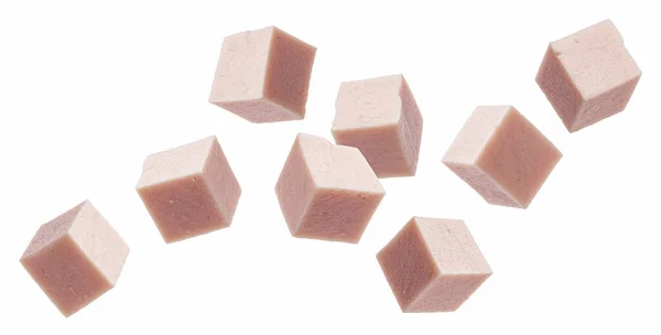 Boiled sausage cubes isolated on white background — Stock Photo, Image