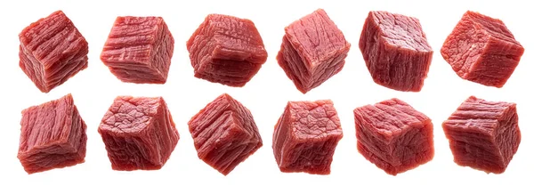 Cubes of raw beef meat isolated on white background — Stock Photo, Image