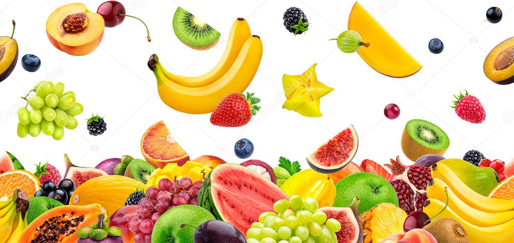 Falling fruits and berries, seamless pattern made of food ingredients
