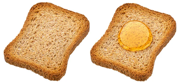 Bröd rusk med lönnsirap isolerad på vit bakgrund — Stockfoto