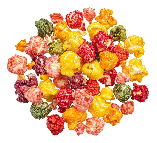 Popcorn colorati isolati su sfondo bianco, vista dall'alto — Foto Stock
