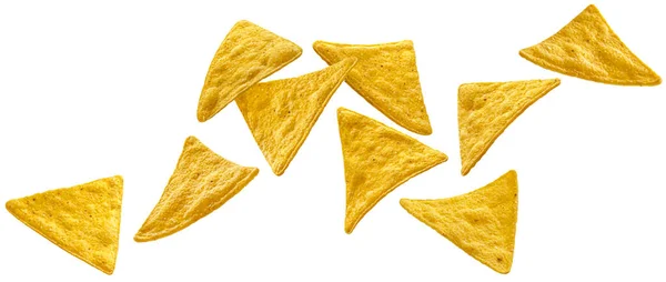 Falling nachos isolated on white background — Stock Photo, Image