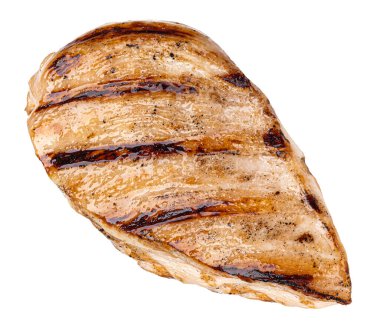 Izgara tavuk göğsü, beyaz arka planda izole edilmiş.