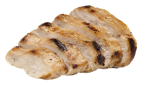 Fatias de peito de frango grelhadas isoladas em fundo branco — Fotografia de Stock