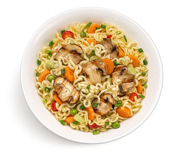 Instant noodles with grilled mushrooms on white background, top view — Stock Photo, Image