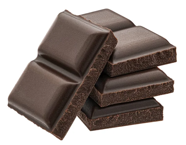 Schokoladenstücke stapeln sich isoliert auf weißem Hintergrund, volle Schärfentiefe — Stockfoto