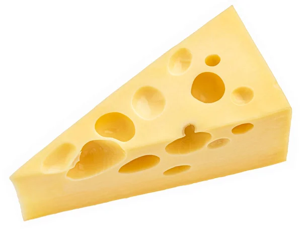 스위스 치즈 삼각형, 흰 배경 위에 분리되어 있고, 위에서 바라본 모습 — 스톡 사진