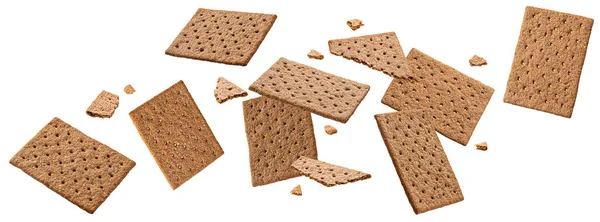 Falling Rye Cracker Cookies Isolated White Background Clipping Path — Stock Photo, Image