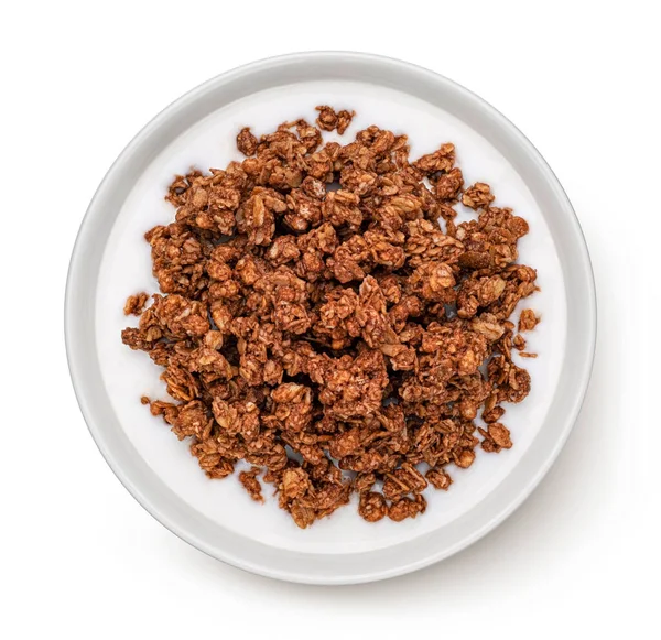 Choklad Granola Med Mjölk Isolerad Vit Bakgrund Ovanifrån — Stockfoto