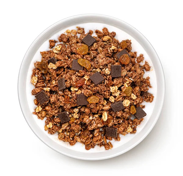 Choklad Granola Med Mjölk Isolerad Vit Bakgrund Full Skärpedjup — Stockfoto