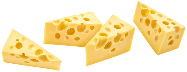 Τρίγωνο Ελβετικό Τυρί Κομμάτι Emmental Τρύπες Που Απομονώνονται Λευκό Φόντο — Φωτογραφία Αρχείου