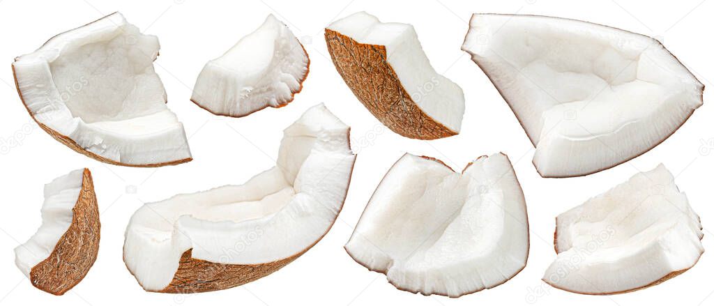 Coconuts pieces isolated on white background, full depth of field, collection