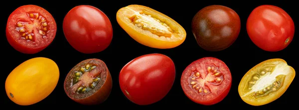 Coloridos Tomates Cherry Sobre Fondo Negro Diferentes Tipos Tomates Cóctel — Foto de Stock