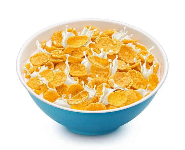 Cornflakes Frühstück Mit Milchspritzern Isoliert Auf Weißem Hintergrund Volle Schärfentiefe — Stockfoto