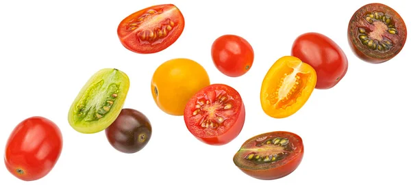 Caída Coloridos Tomates Cherry Aislados Sobre Fondo Blanco Diferentes Tipos — Foto de Stock