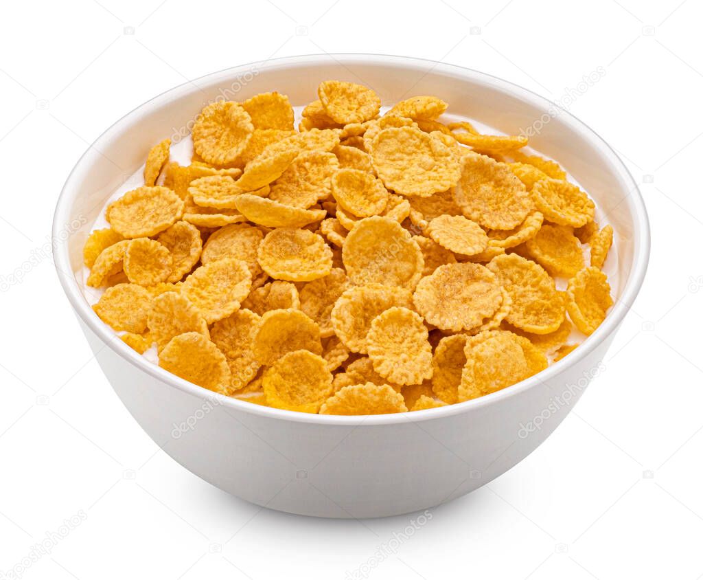 Corn flakes with milk isolated on white background, full depth of field