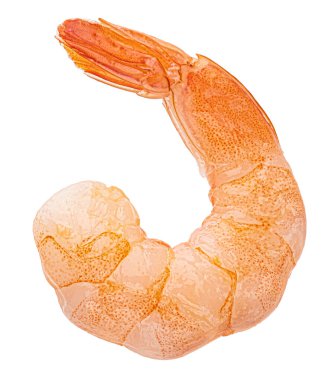 Karidese yakın çekim. Soyulmuş karides beyaz arka planda izole edilmiş. Tam alan derinliği