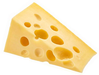 İsviçre Peynir Üçgeni, Emmental 'in beyaz arka planda izole edilmiş bir parçası, tam derinlik
