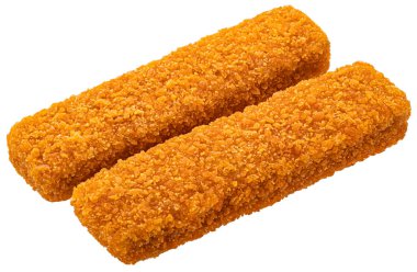 Balık kroket, balık köftesi çubukları beyaz arka planda izole edilmiş, geniş bir alan.