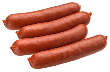 Tütsülenmiş sığır sosisi beyaz arka planda izole edilmiş, tam derinlikte.
