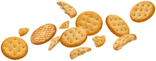 Falling Cheese Crackers Isolated White Background Clipping Path — Stock Photo, Image